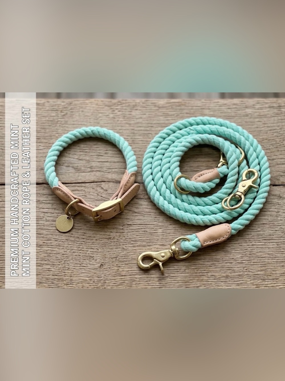Like New Found My Way Mint Cotton Rope & Leather Dog Collar and Leash Set